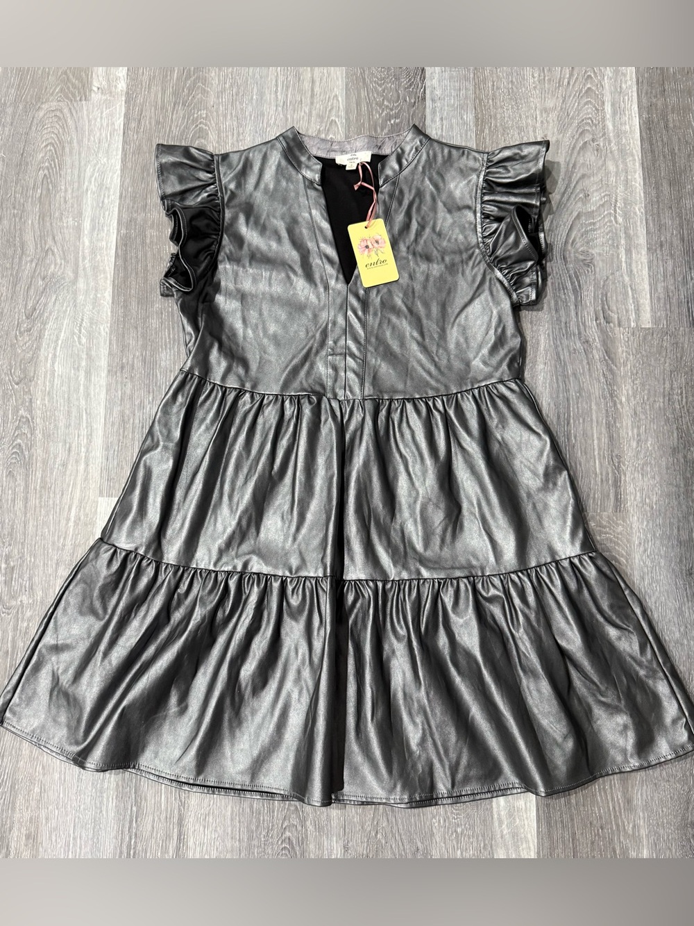Entro Gray Faux Leather Tiered Ruffle Sleeve Goth Chic Space Dress S
